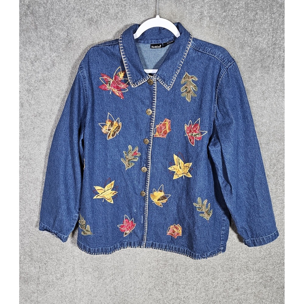 Northcrest Denim Button Up Jacket Womens Size 18/20 Blue Cotton Leaf Embroidered
